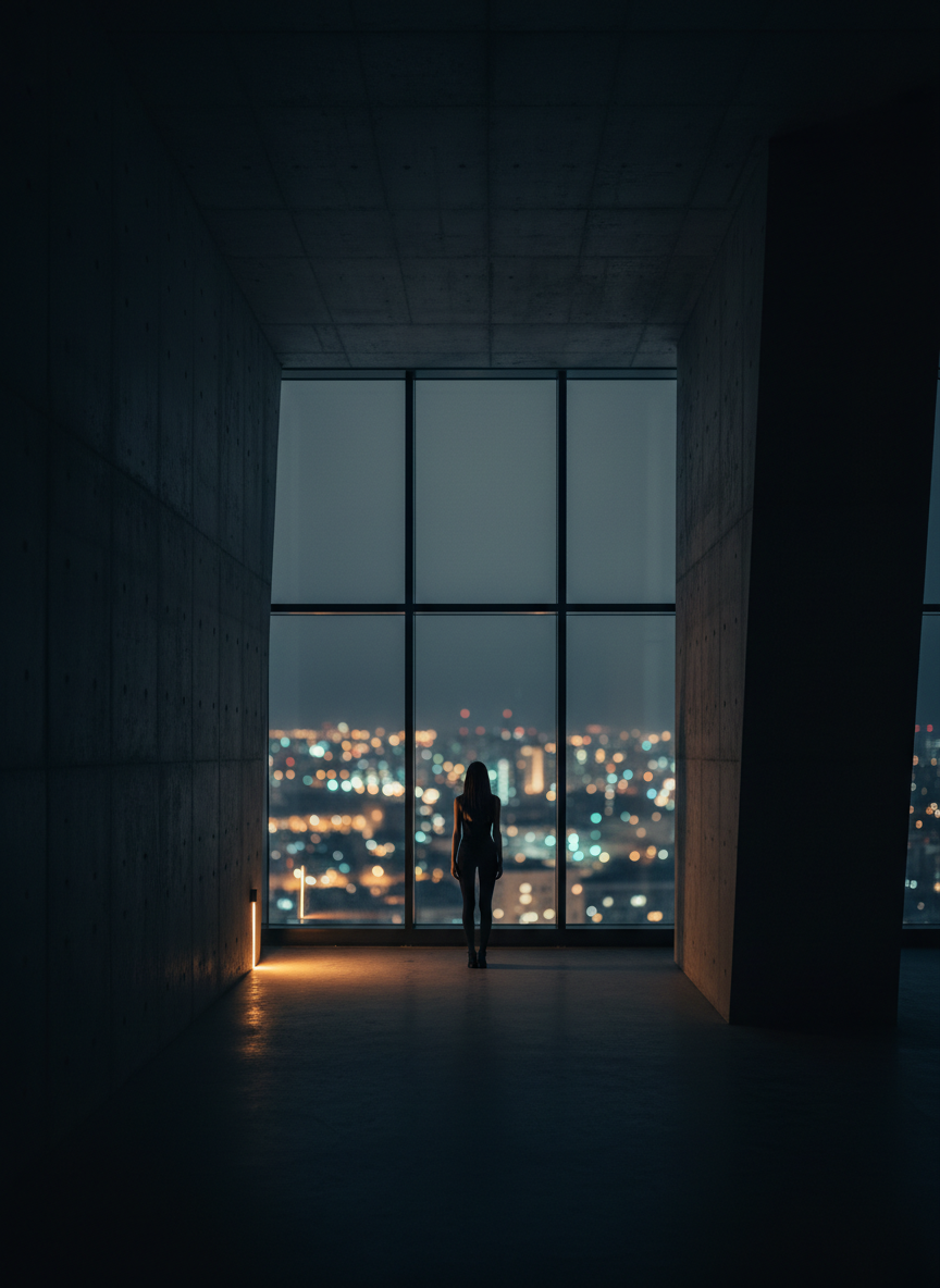 A lone figure silhouetted against tall windows in a concrete building at night